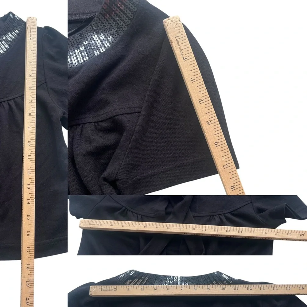 H&M Women’s Small Black Sequins Trim Short Puff Sleeve Tie Top Crop Y2K Cardigan
